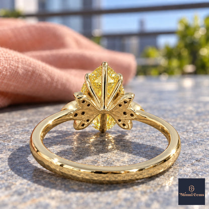 Yellow Pear Cut Lab Grown Diamond Engagement Ring - Floral Leaf Accents in yellow gold, gallery view