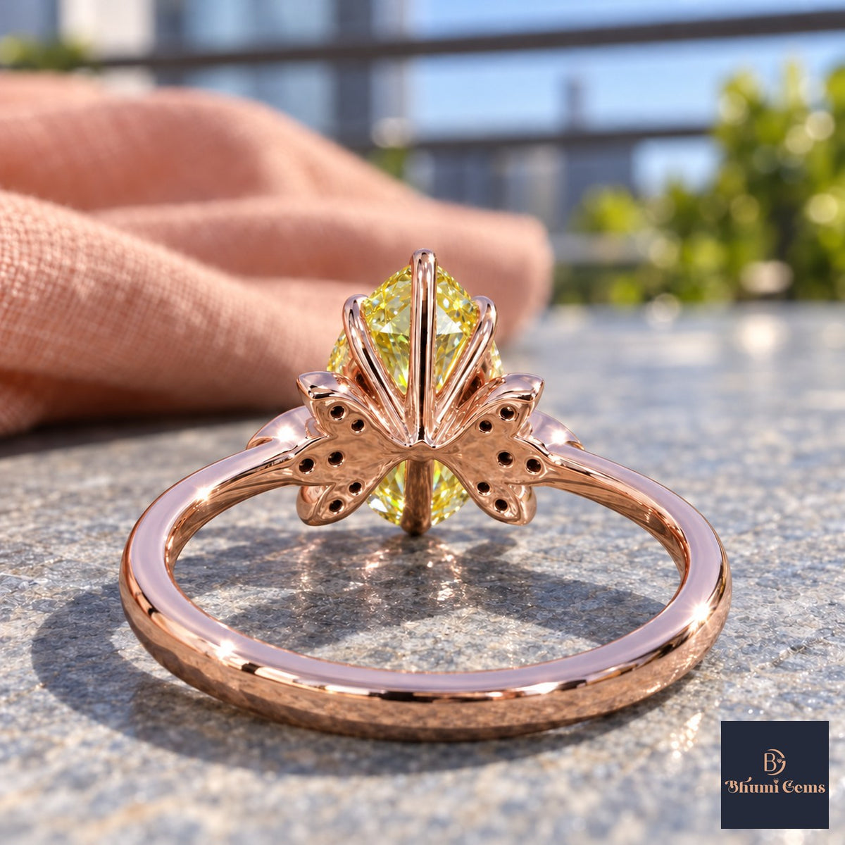 Yellow Pear Cut Lab Grown Diamond Engagement Ring - Floral Leaf Accents in rose gold, gallery view