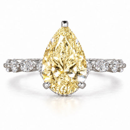 Yellow Pear Cut Lab Grown Diamond Engagement Ring - Navette Band in white gold, front view