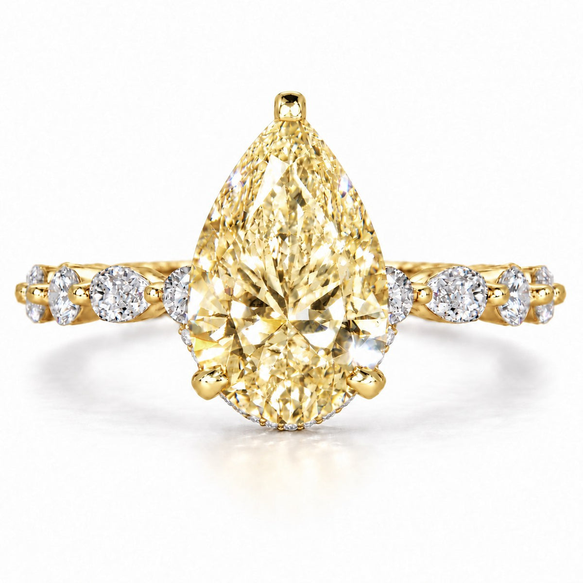 Yellow Pear Cut Lab Grown Diamond Engagement Ring - Navette Band in yellow gold, front view