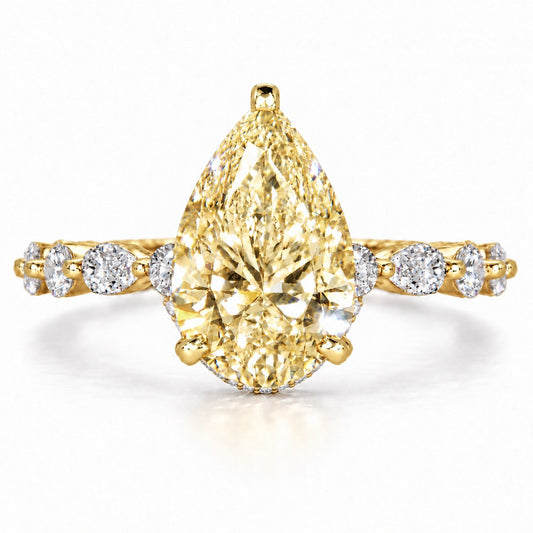 Yellow Pear Cut Lab Grown Diamond Engagement Ring - Navette Band in yellow gold, front view