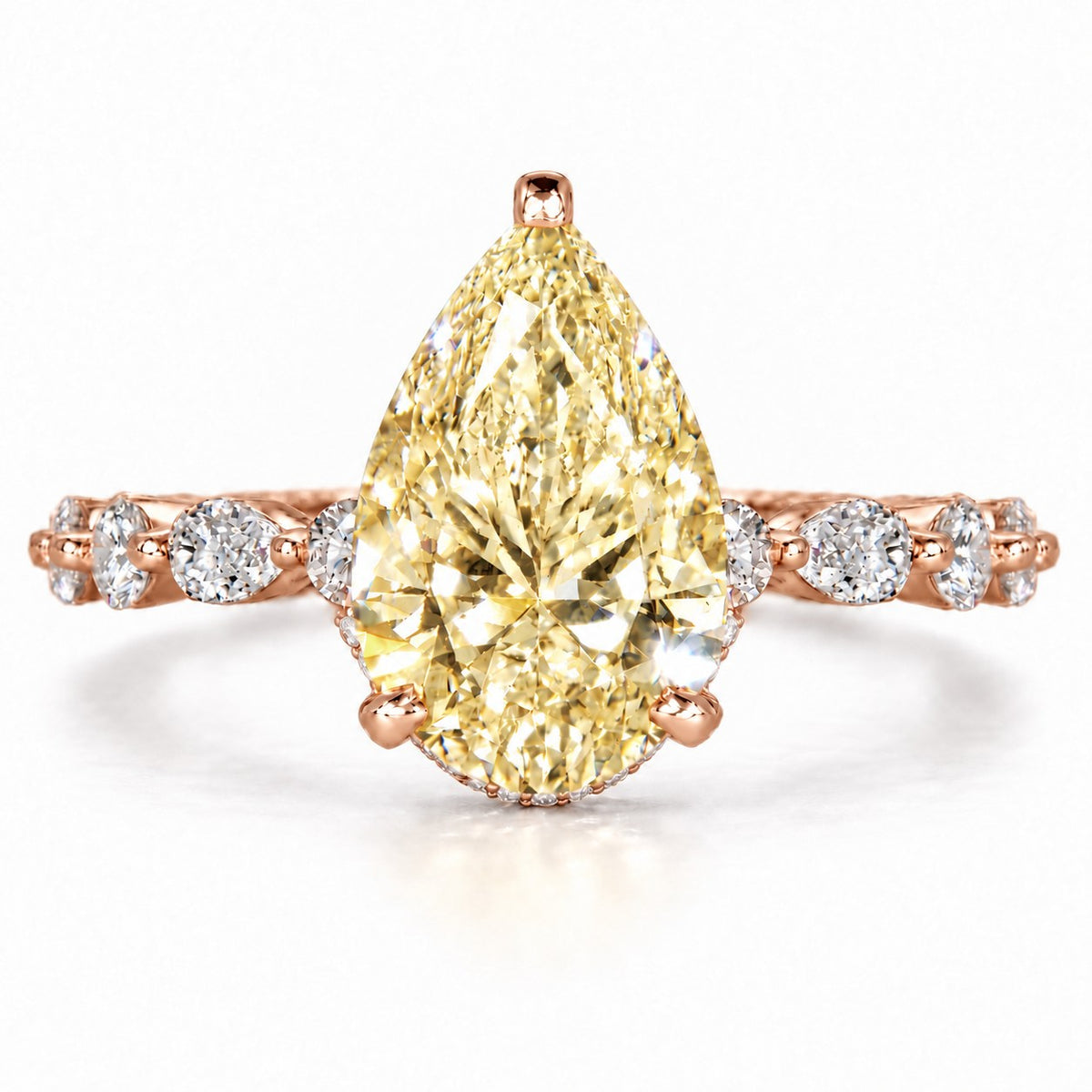 Yellow Pear Cut Lab Grown Diamond Engagement Ring - Navette Band in rose gold, front view