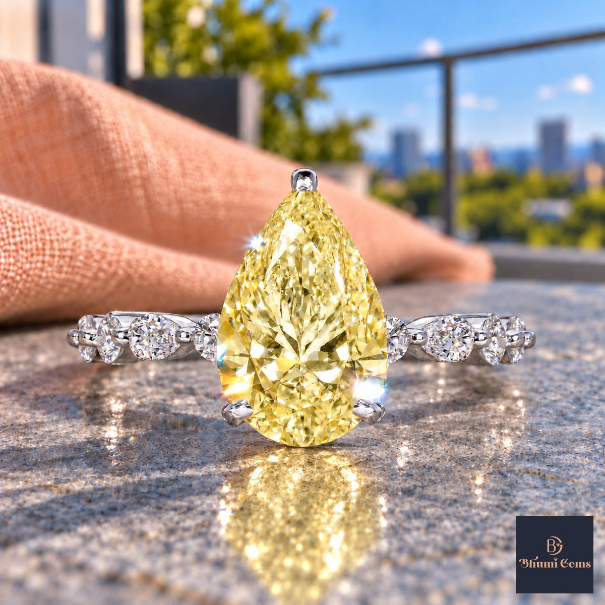 Yellow Pear Cut Lab Grown Diamond Engagement Ring - Navette Band in white gold, close-up