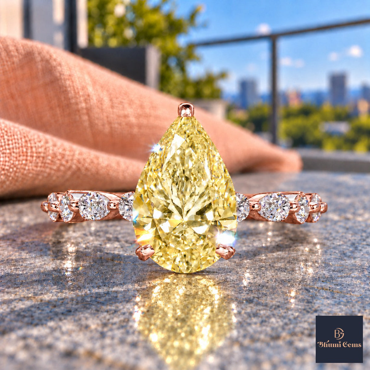 Yellow Pear Cut Lab Grown Diamond Engagement Ring - Navette Band in rose gold, close-up