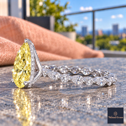 Yellow Pear Cut Lab Grown Diamond Engagement Ring - Navette Band in white gold, side view