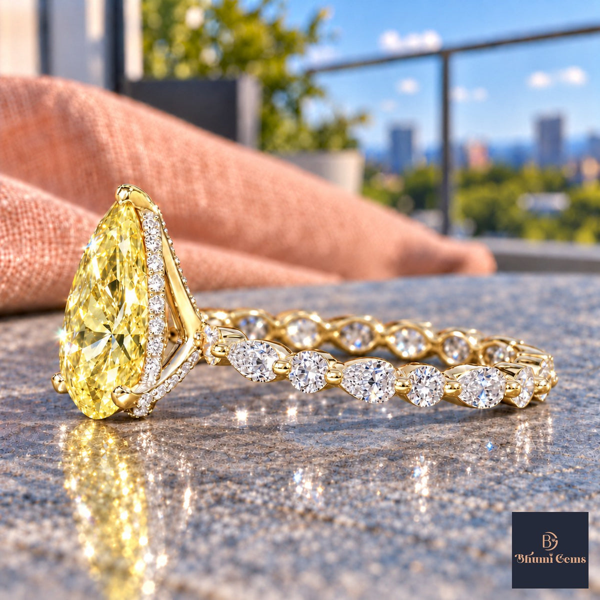 Yellow Pear Cut Lab Grown Diamond Engagement Ring - Navette Band in yellow gold, side view