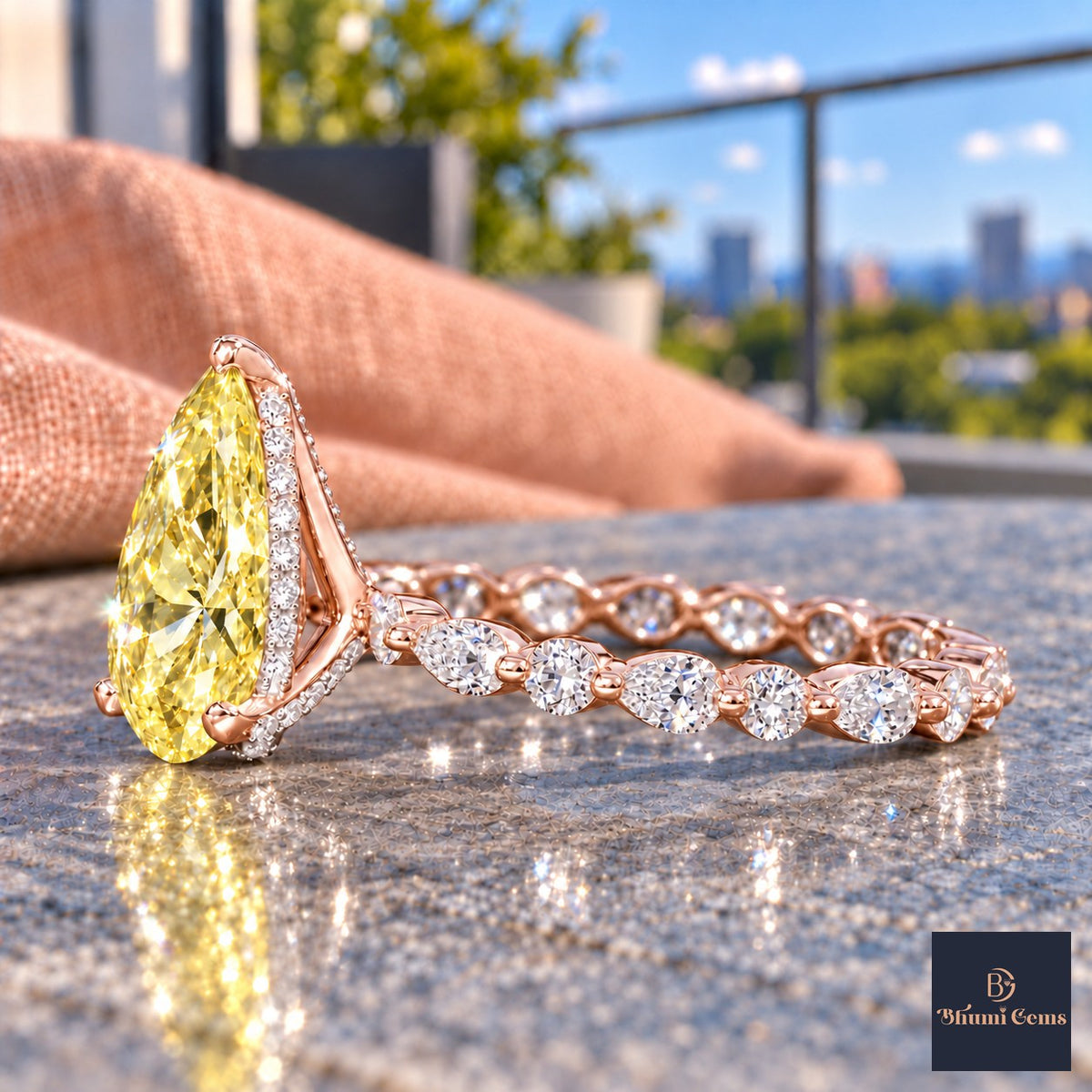 Yellow Pear Cut Lab Grown Diamond Engagement Ring - Navette Band in rose gold, side view
