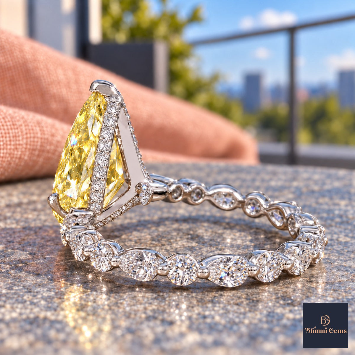 Yellow Pear Cut Lab Grown Diamond Engagement Ring - Navette Band in white gold, gallery view