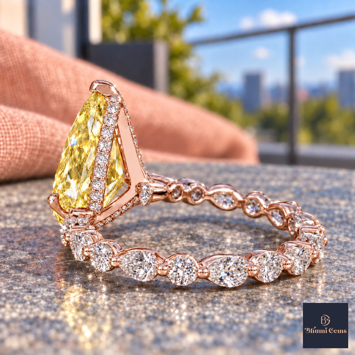 Yellow Pear Cut Lab Grown Diamond Engagement Ring - Navette Band in rose gold, gallery view