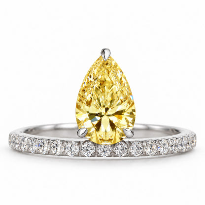 Yellow Pear Cut Lab Grown Diamond Engagement Ring - Pave Band in white gold, front view