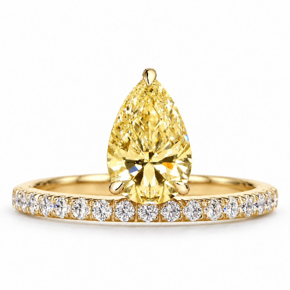 Yellow Pear Cut Lab Grown Diamond Engagement Ring - Pave Band in yellow gold, front view