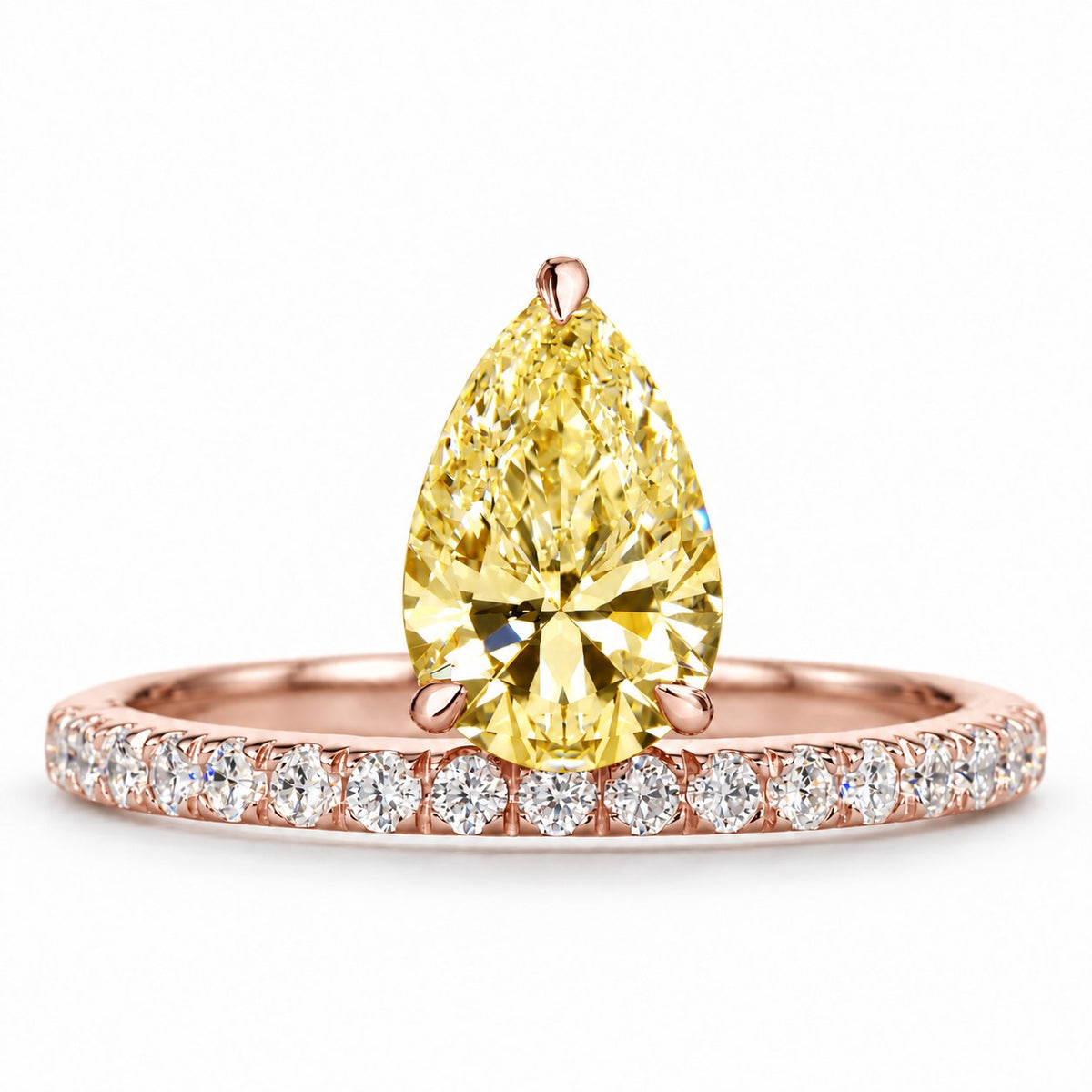 Yellow Pear Cut Lab Grown Diamond Engagement Ring - Pave Band in rose gold, front view