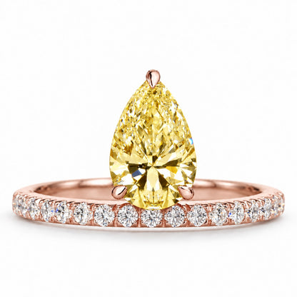 Yellow Pear Cut Lab Grown Diamond Engagement Ring - Pave Band in rose gold, front view