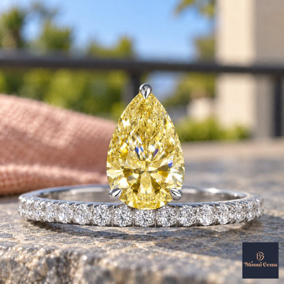 Yellow Pear Cut Lab Grown Diamond Engagement Ring - Pave Band in white gold, close-up