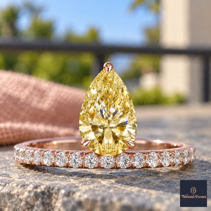 Yellow Pear Cut Lab Grown Diamond Engagement Ring - Pave Band in rose gold, close-up