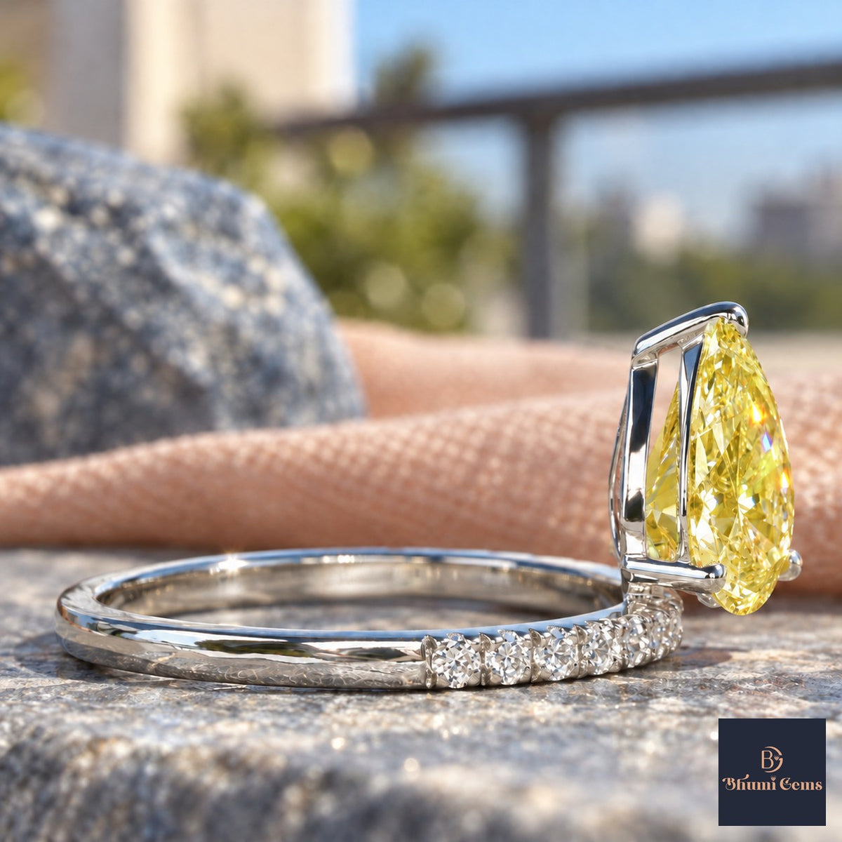 Yellow Pear Cut Lab Grown Diamond Engagement Ring - Pave Band in white gold, side view