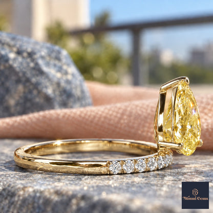 Yellow Pear Cut Lab Grown Diamond Engagement Ring - Pave Band in yellow gold, side view