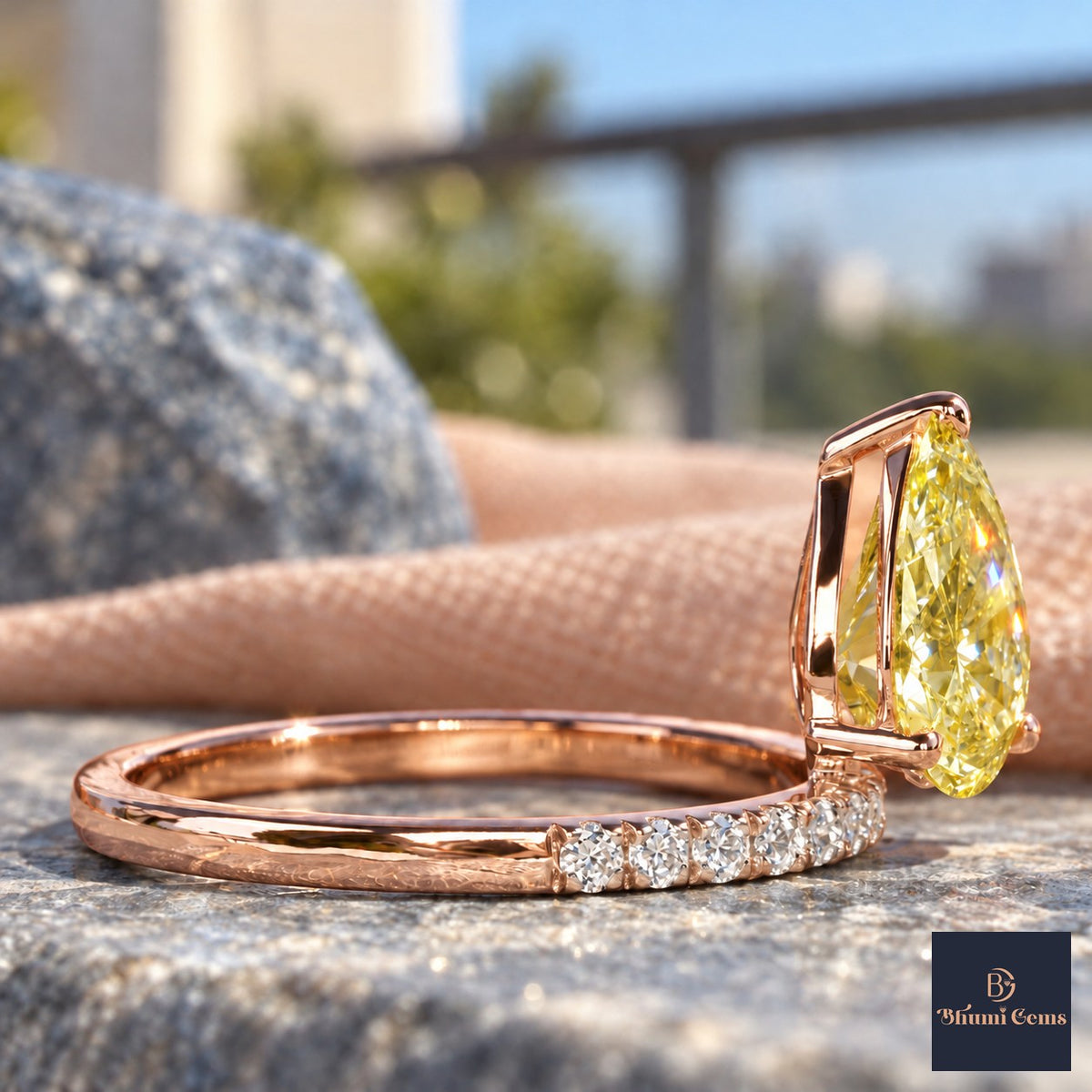 Yellow Pear Cut Lab Grown Diamond Engagement Ring - Pave Band in rose gold, side view