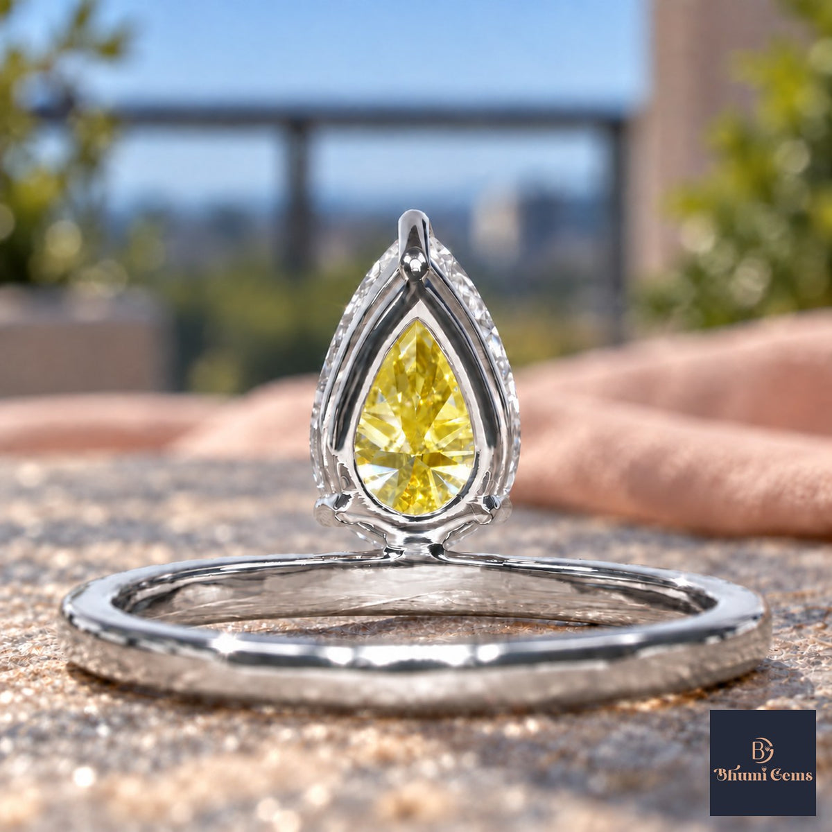 Yellow Pear Cut Lab Grown Diamond Engagement Ring - Pave Band in white gold, gallery view