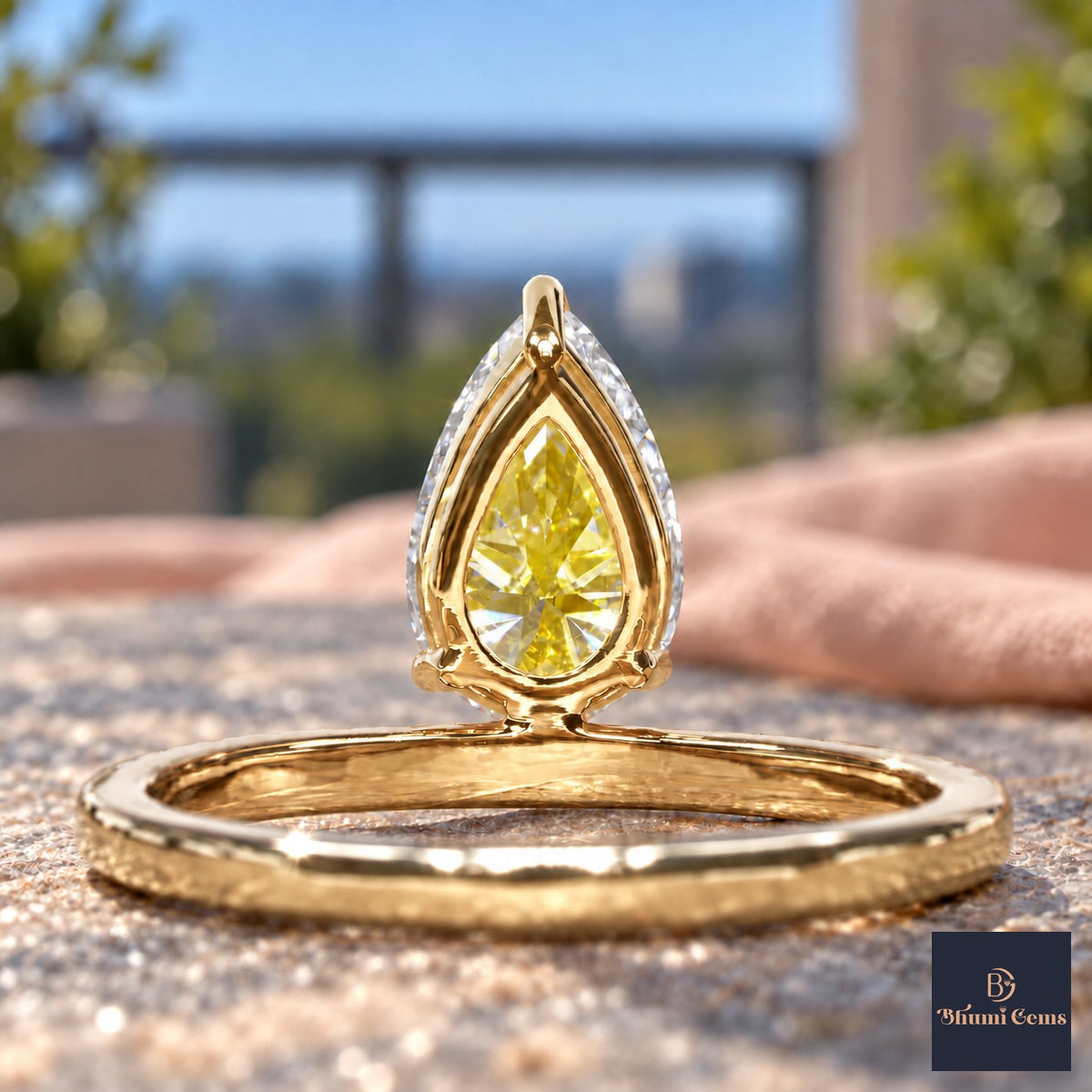 Yellow Pear Cut Lab Grown Diamond Engagement Ring - Pave Band in yellow gold, gallery view