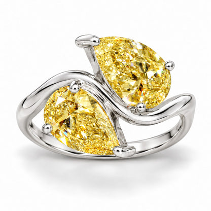 Yellow Pear Cut Lab Grown Diamond Engagement Ring - Toi et Moi in white gold, front view