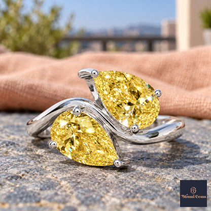 Yellow Pear Cut Lab Grown Diamond Engagement Ring - Toi et Moi in white gold, close-up