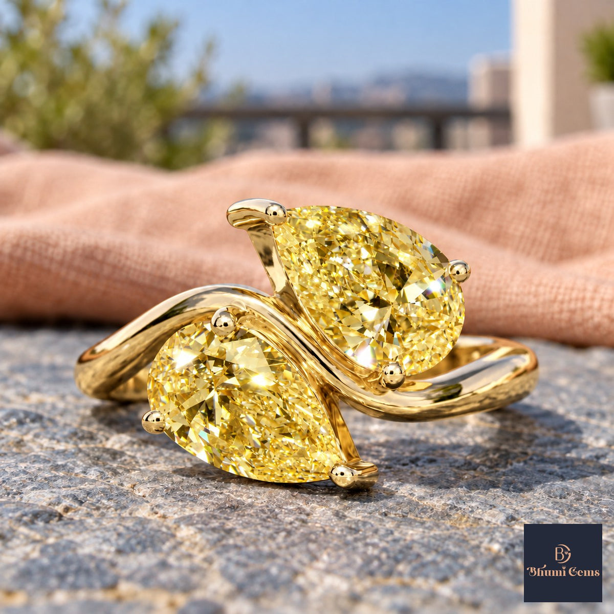 Yellow Pear Cut Lab Grown Diamond Engagement Ring - Toi et Moi in yellow gold, close-up