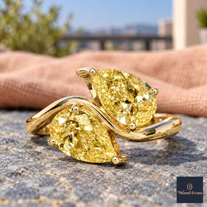 Yellow Pear Cut Lab Grown Diamond Engagement Ring - Toi et Moi in yellow gold, close-up