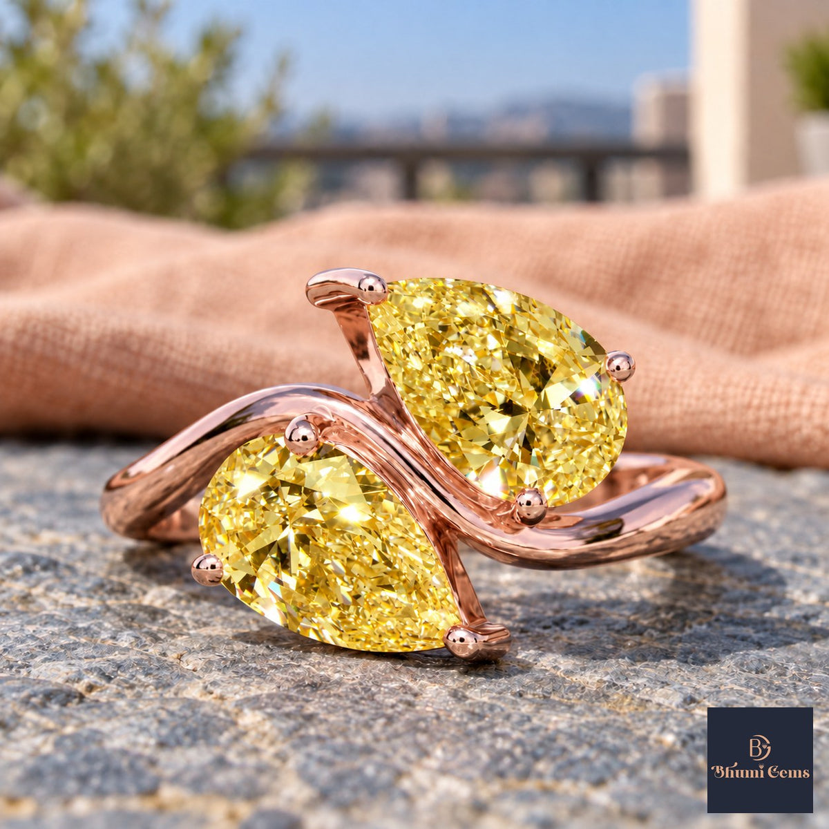 Yellow Pear Cut Lab Grown Diamond Engagement Ring - Toi et Moi in rose gold, close-up