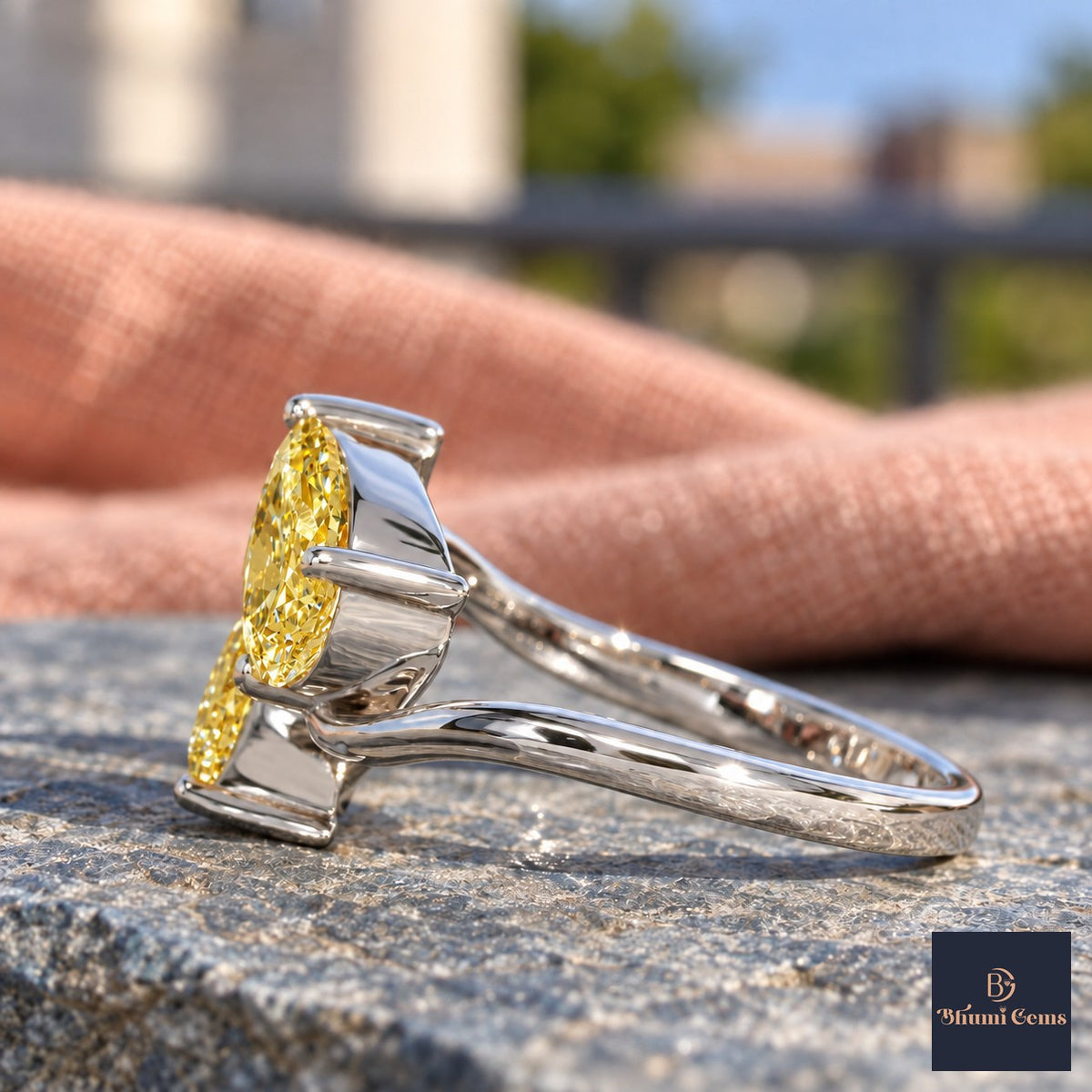 Yellow Pear Cut Lab Grown Diamond Engagement Ring - Toi et Moi in white gold, side view