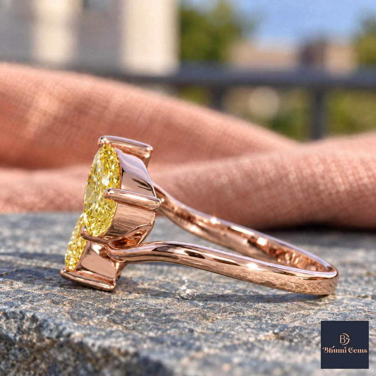 Yellow Pear Cut Lab Grown Diamond Engagement Ring - Toi et Moi in rose gold, side view
