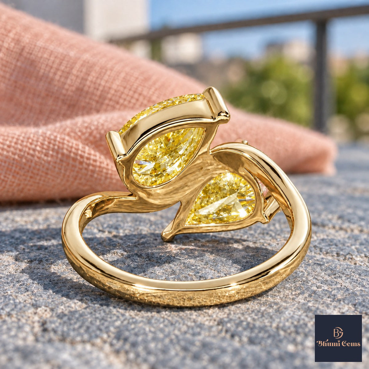 Yellow Pear Cut Lab Grown Diamond Engagement Ring - Toi et Moi in yellow gold, gallery view
