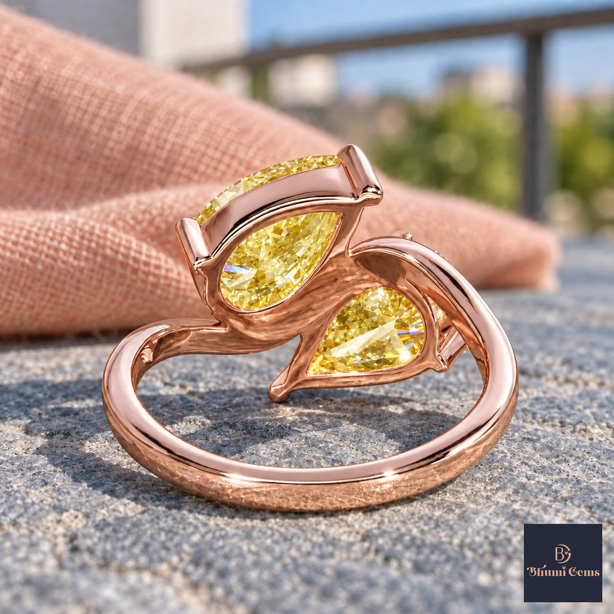 Yellow Pear Cut Lab Grown Diamond Engagement Ring - Toi et Moi in rose gold, gallery view