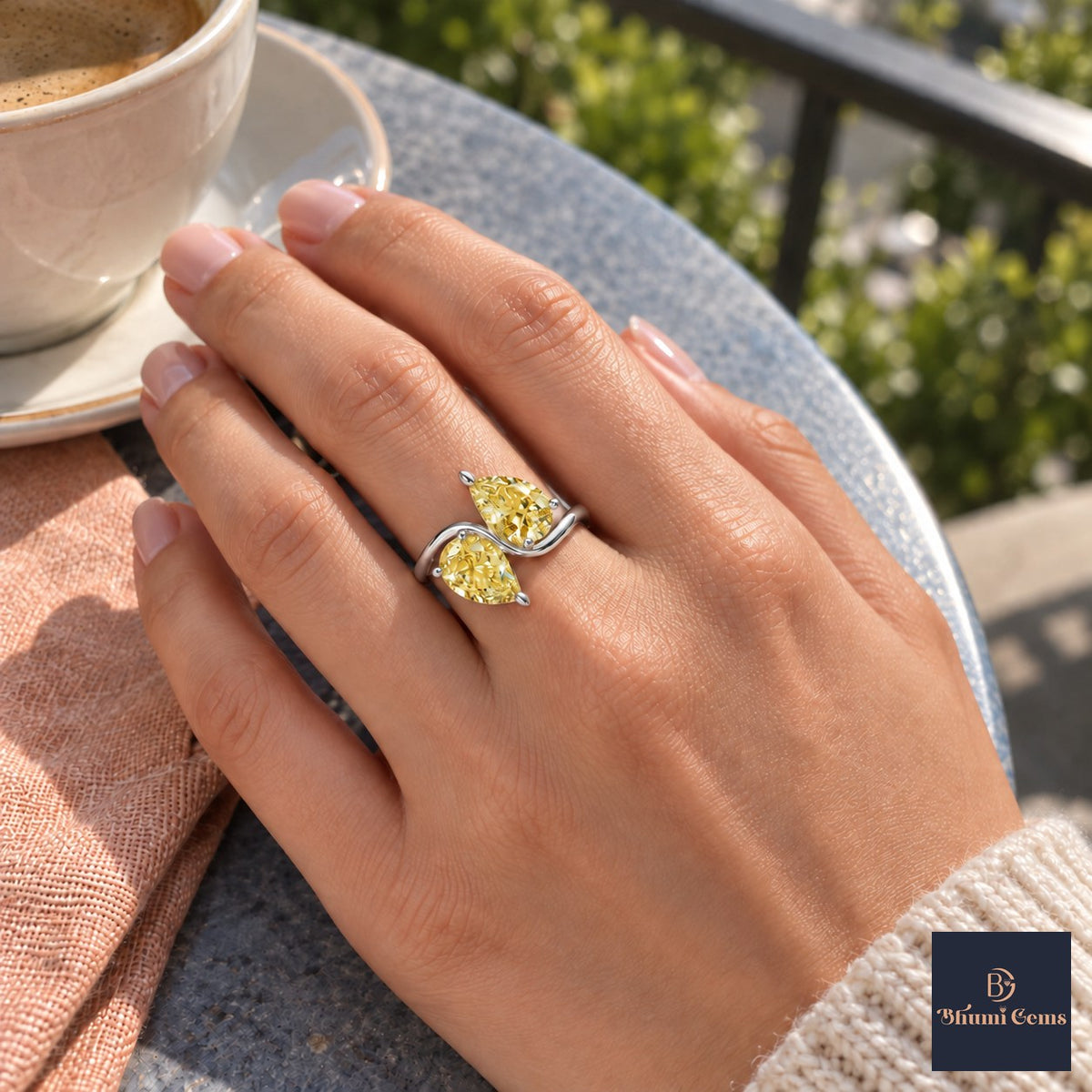 Yellow Pear Cut Lab Grown Diamond Engagement Ring - Toi et Moi in white gold, on the hand