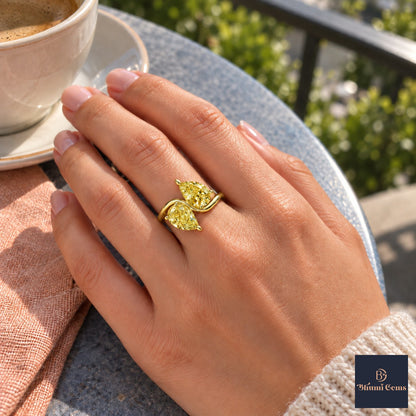 Yellow Pear Cut Lab Grown Diamond Engagement Ring - Toi et Moi in yellow gold, on the hand