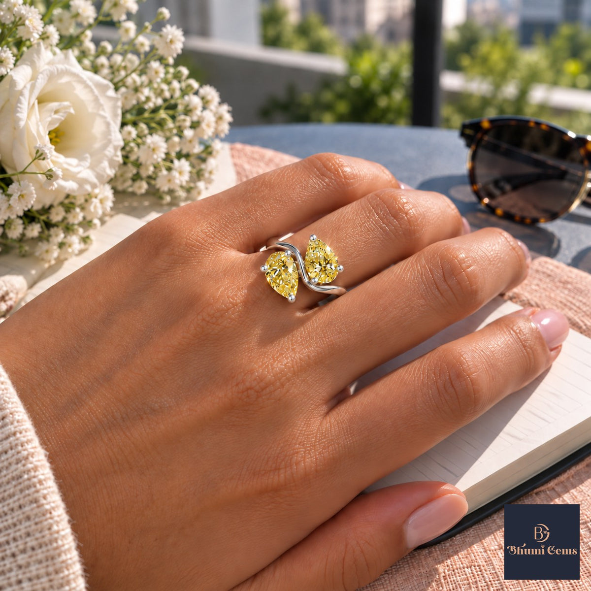 Yellow Pear Cut Lab Grown Diamond Engagement Ring - Toi et Moi in white gold, worn on the hand