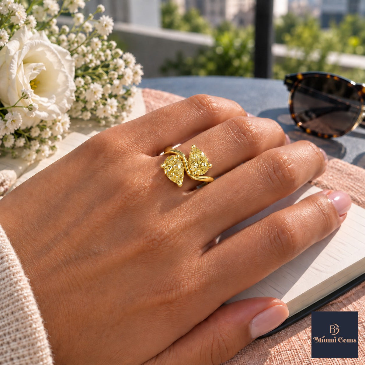 Yellow Pear Cut Lab Grown Diamond Engagement Ring - Toi et Moi in yellow gold, worn on the hand