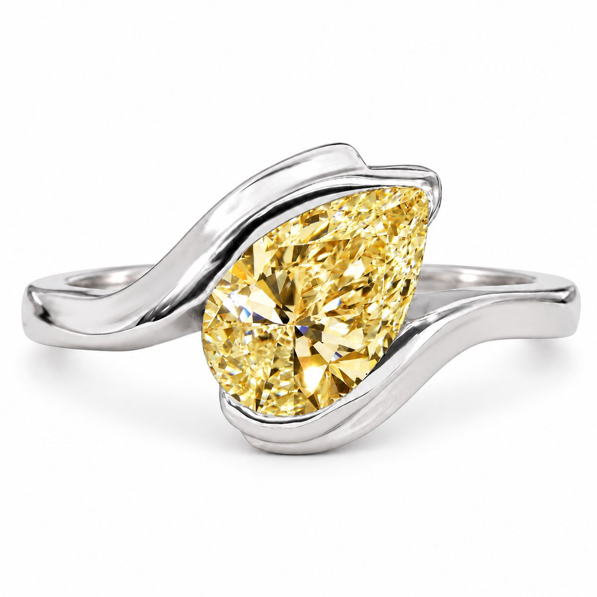 Yellow Pear Cut Lab Grown Diamond Engagement Ring - Wrap Bypass Solitaire in white gold, front view