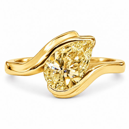 Yellow Pear Cut Lab Grown Diamond Engagement Ring - Wrap Bypass Solitaire in yellow gold, front view