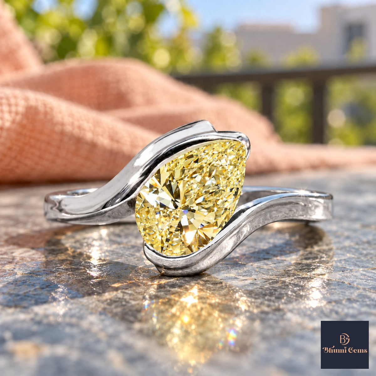 Yellow Pear Cut Lab Grown Diamond Engagement Ring - Wrap Bypass Solitaire in white gold, close-up