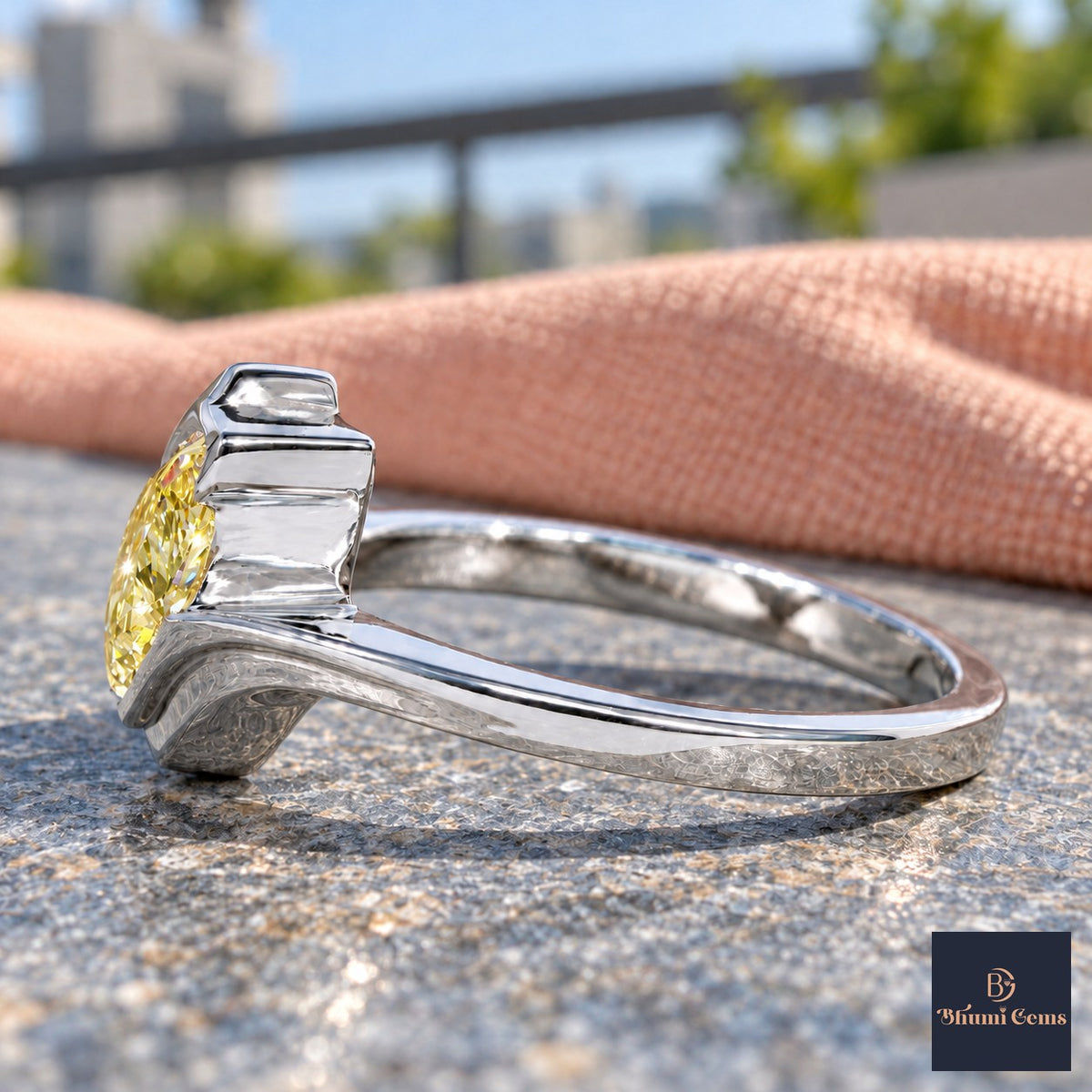 Yellow Pear Cut Lab Grown Diamond Engagement Ring - Wrap Bypass Solitaire in white gold, side view