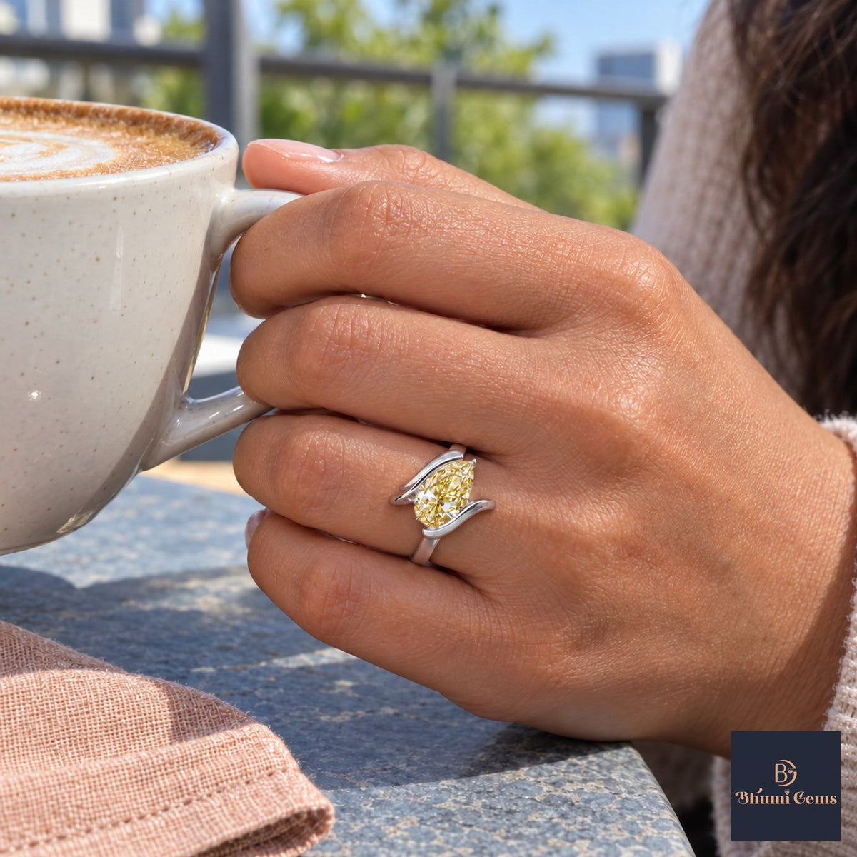 Yellow Pear Cut Lab Grown Diamond Engagement Ring - Wrap Bypass Solitaire in white gold, on the hand