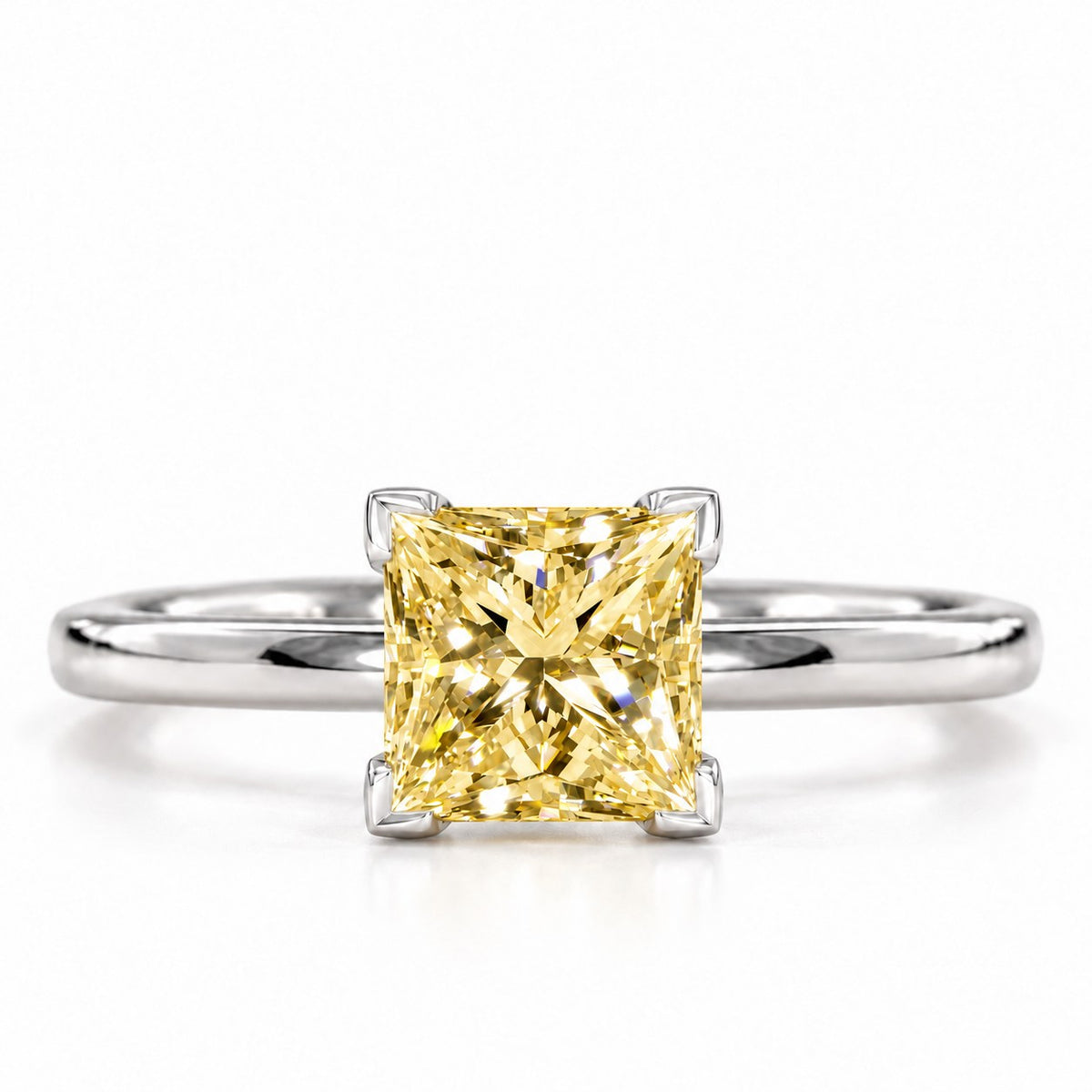 Yellow Princess Cut Lab Grown Diamond Engagement Ring - Classic Solitaire in white gold, front view