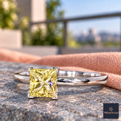 Yellow Princess Cut Lab Grown Diamond Engagement Ring - Classic Solitaire in white gold, close-up