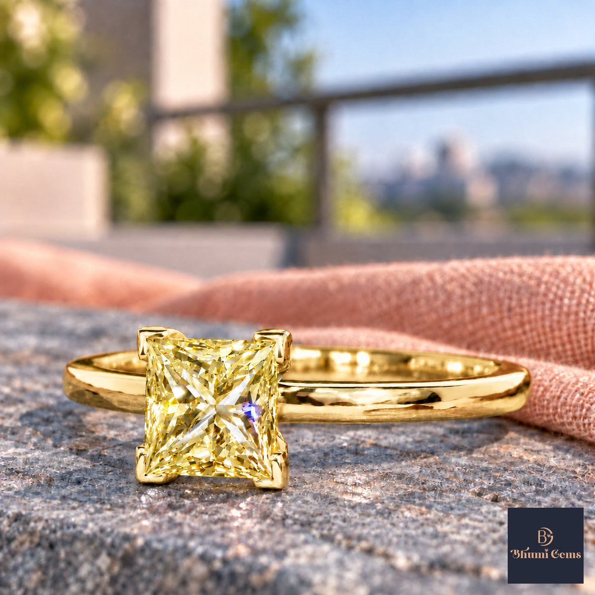 Yellow Princess Cut Lab Grown Diamond Engagement Ring - Classic Solitaire in yellow gold, close-up
