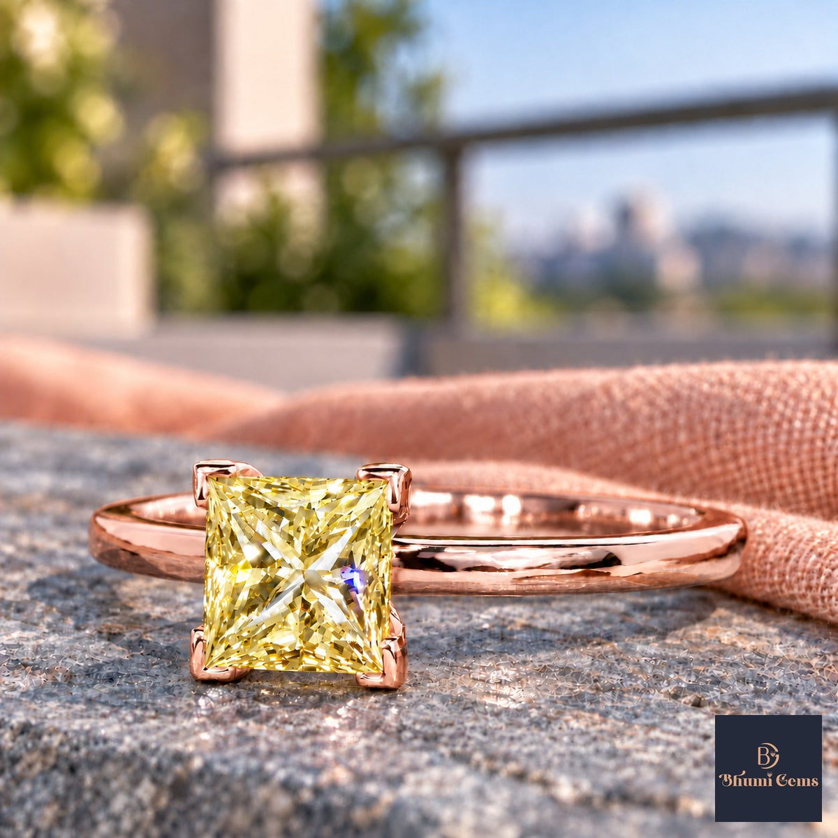Yellow Princess Cut Lab Grown Diamond Engagement Ring - Classic Solitaire in rose gold, close-up