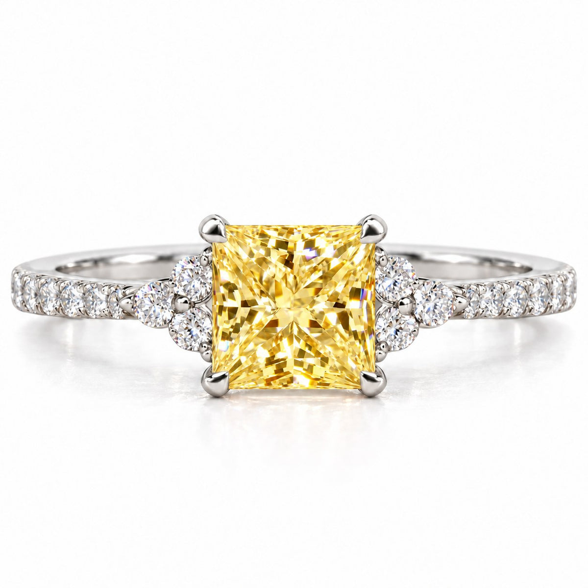 Yellow Princess Cut Lab Grown Diamond Engagement Ring - Cluster Pave Band in white gold, front view