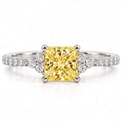 Yellow Princess Cut Lab Grown Diamond Engagement Ring - Cluster Pave Band in white gold, front view