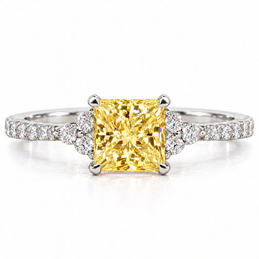 Yellow Princess Cut Lab Grown Diamond Engagement Ring - Cluster Pave Band in white gold, front view
