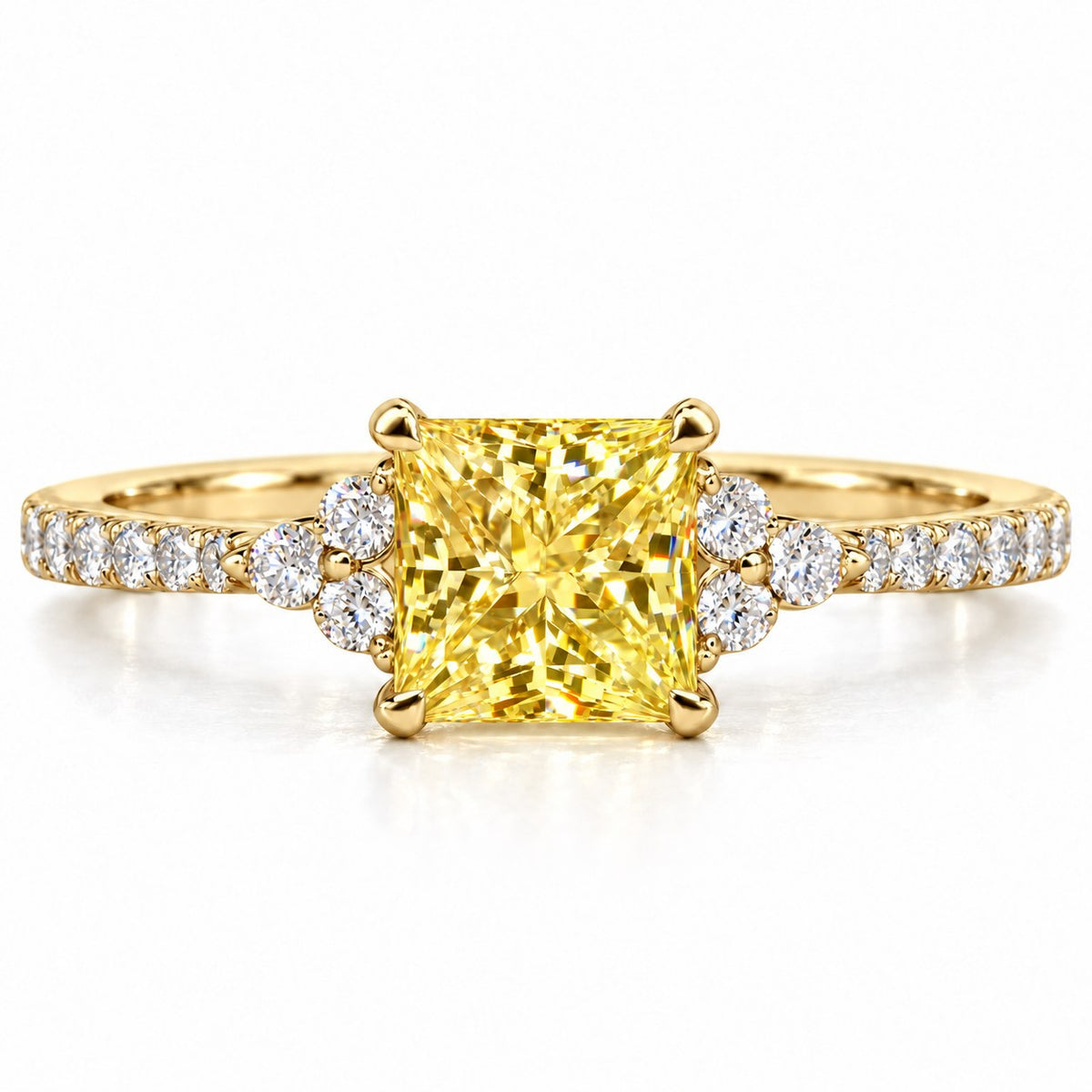 Yellow Princess Cut Lab Grown Diamond Engagement Ring - Cluster Pave Band in yellow gold, front view